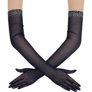 Women's Sexy Pearl Beaded Navy Blue Long Gloves Tulle Mesh Wedding Party Prom